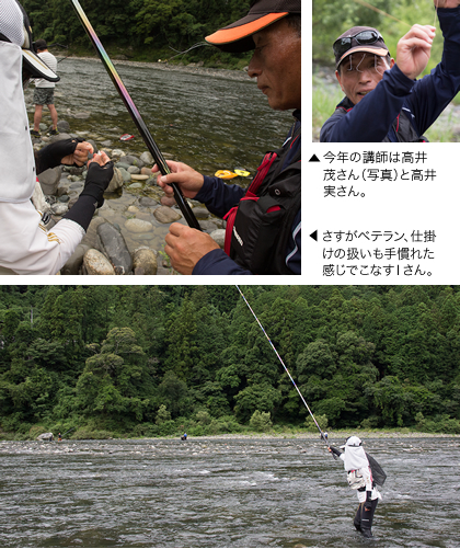 写真右上：今年の講師は高井茂さん（写真）と高井実さん。　写真左上：さすがベテラン、仕掛けの扱いも手慣れた感じでこなすＩさん。